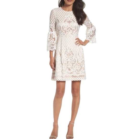 Eliza J White Lace Bell Sleeve Dress- Bridal Shower Dress- Size 10 - Picture 1 of 16